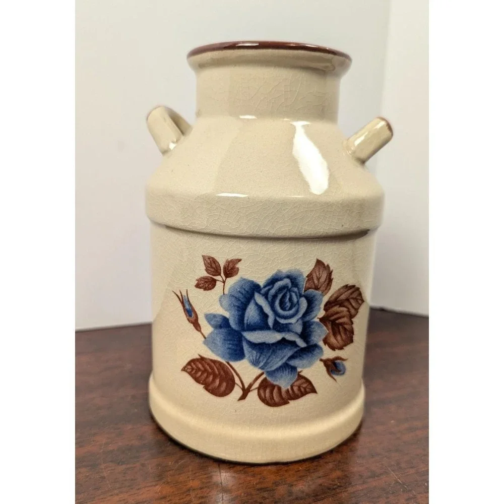 Vintage Farmhouse Ceramic MILK Canister Blue Rose Crackle Glaze Crock 7in